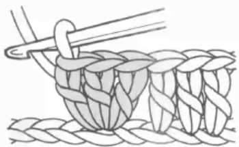 Double crochet 3-in-1 step 3: Complete three double crochets spreading like a fan